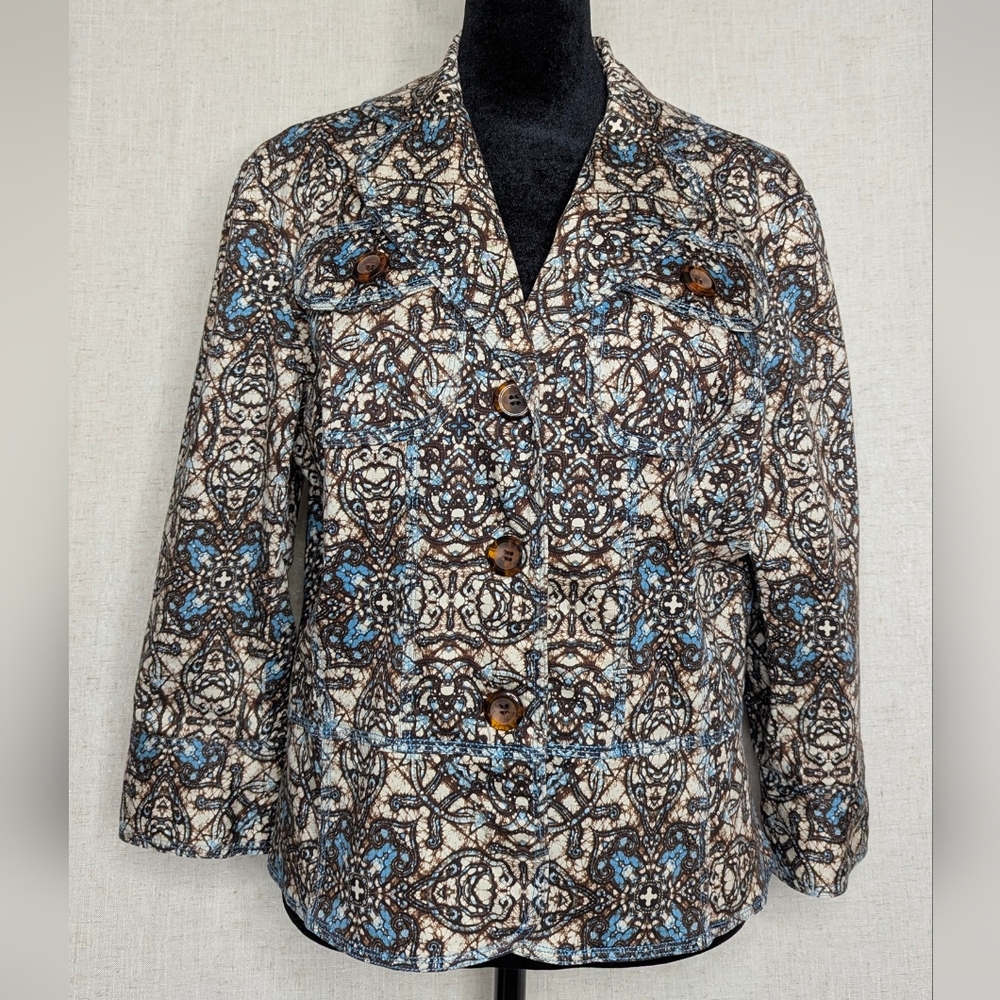 Maggy London Batik Print Short Jacket Blazer Size 14 Blue Brown Cotton Blend